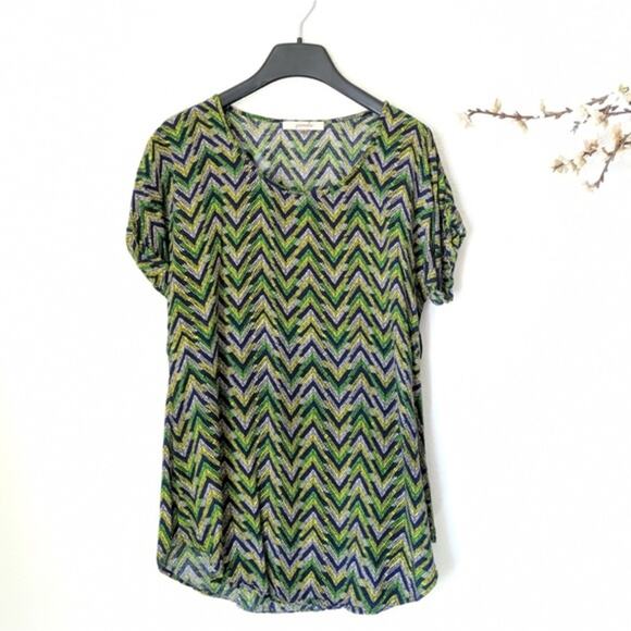 POMELO Anthropologie Geometric Drape Tunic Top Green Blue Pattern Shirt Small - Picture 1 of 8